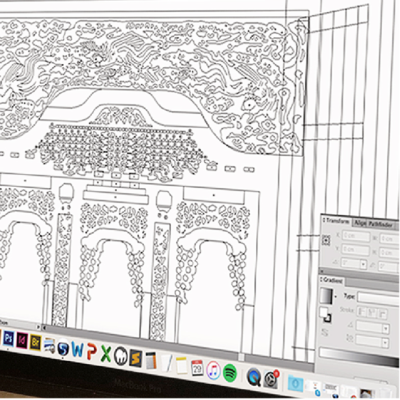 La imagen muestra una visión parcial de un escritorio de trabajo donde se puede ver una parte de una notebook que muestra en su pantalla un dibujo digital en proceso del altar budista japonés (aún no tiene color).